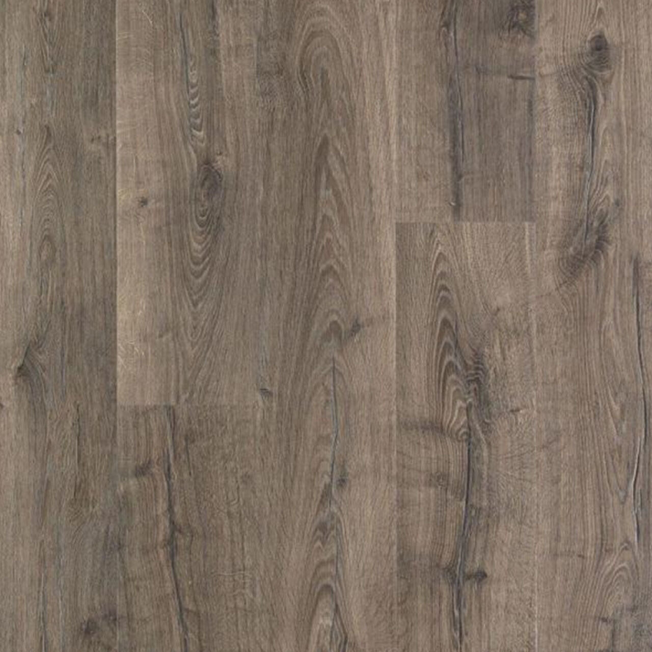 A close-up of Go Build 10 mm x 7.48 in. x 47.24 in. Vintage Pewter Oak Laminate Flooring—19.63 sq. ft./case—with a rustic brown finish, natural wood grain, knots, and attached underlayment for comfort.